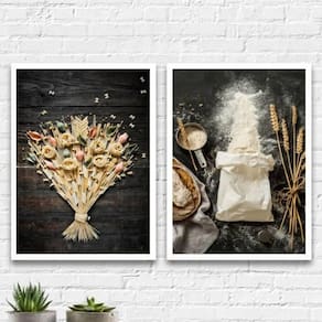 Kit 2 Quadros Cozinha Massas e Trigo 33x24cm - Pretos