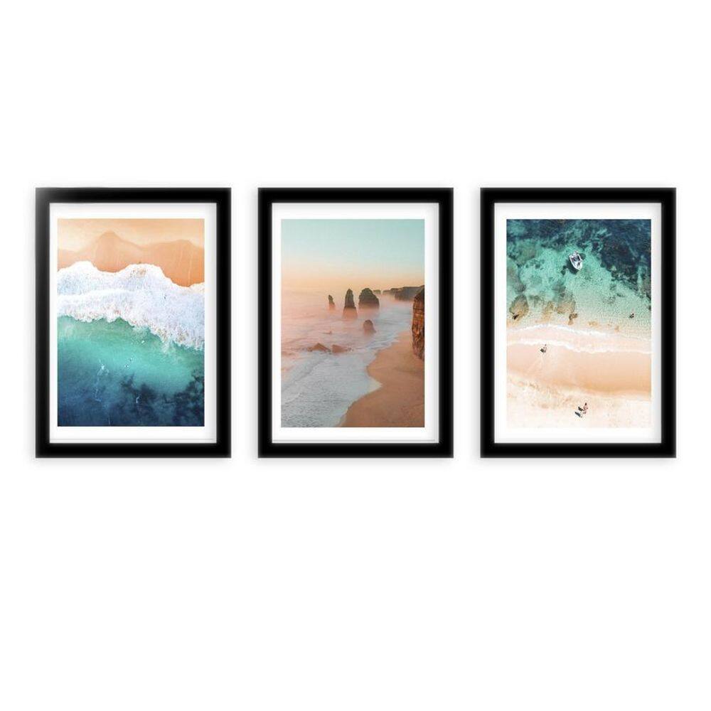 Kit 3 Quadros Decorativos Com Moldura Mar Paisagem Montanha