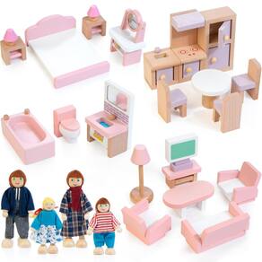 Conjunto de móveis Dollhouse Kizfarm Wooden com 4 bonecas familiares, 26 unidades