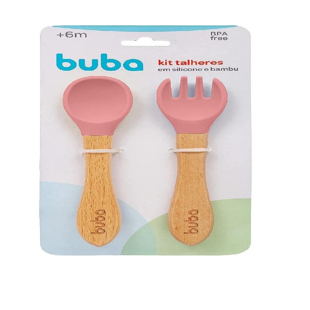 Kit Talheres Silicone E Bambu Rosa - Buba