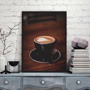 Quadro Rústico Xícara Com Café Coração 33X24Cm Madeira Preta
