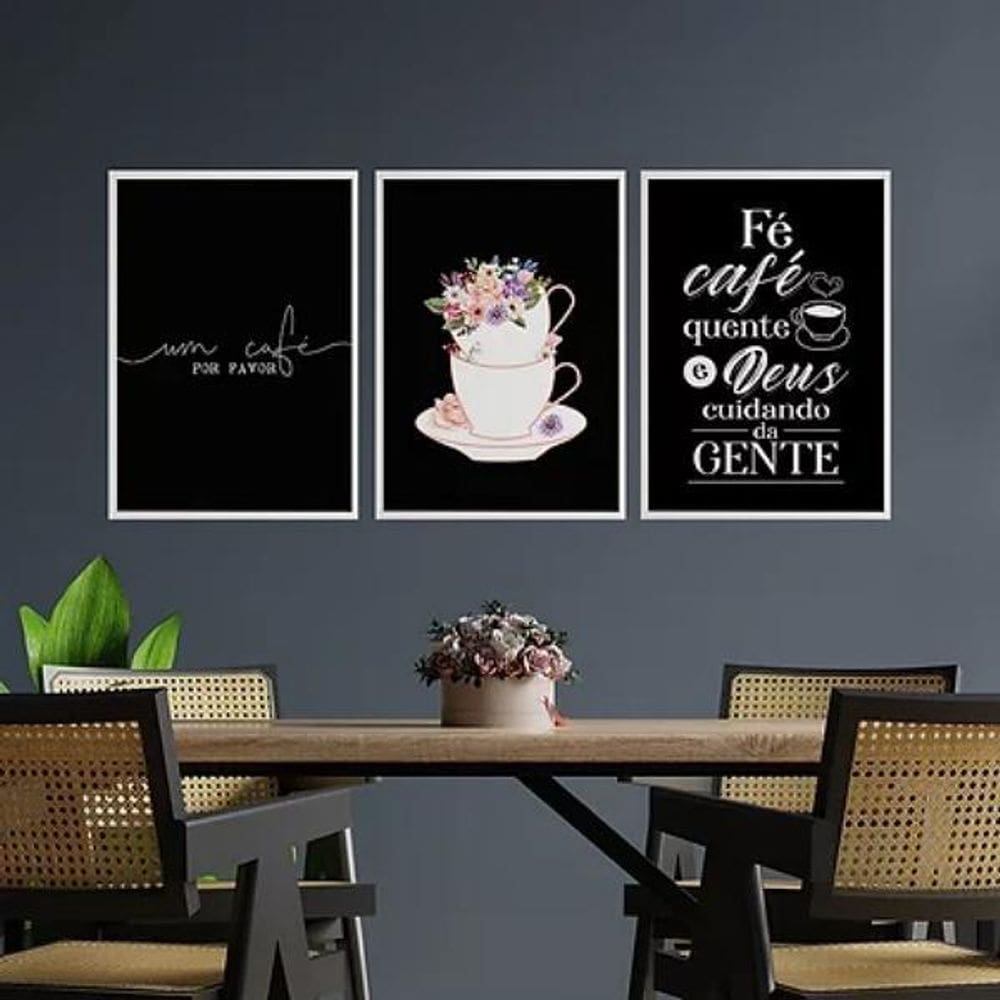 Kit 3 Quadros Fé Café E Deus 33X24Cm - Madeira Branca