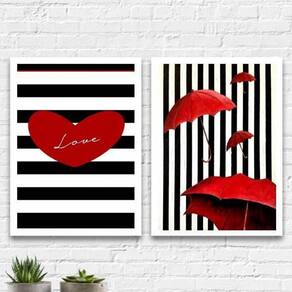 Kit 2 Quadros Love Listras Preto Vermelho 45X34 Vidro Branca