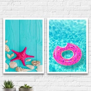 Kit 2 Quadros Verão Azul e Rosa 33x24cm - Madeira Preta