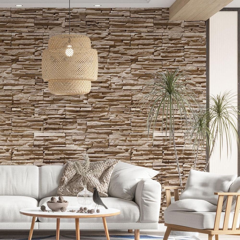 Kit 5 Rolos Papel De Parede Adesivo Pedra Fina Marrom 3,0M