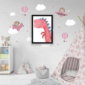 Quadro Infantil Dinossauro Rosa 24X18 Com Vidro - Preta