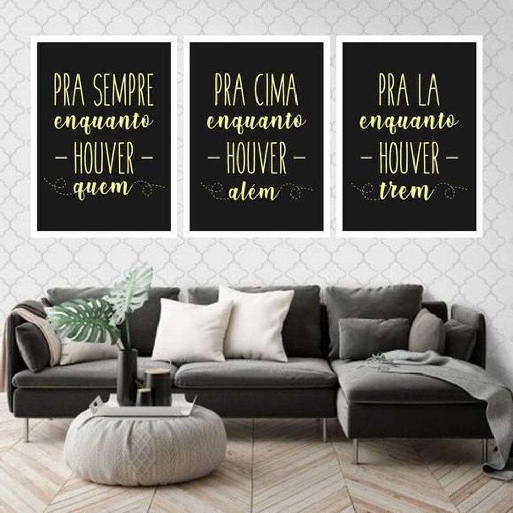 Kit 3 Quadros Pra Sempre, Pra Cima, Pra Lá 45X34 Vidro Preta