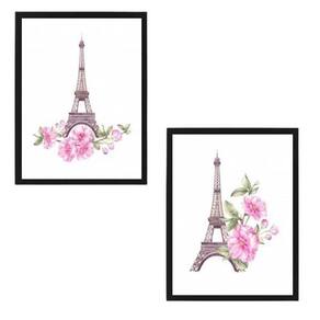 Kit 2 Quadros Torre Eiffel Floral 24X18 Com Vidro - Preta
