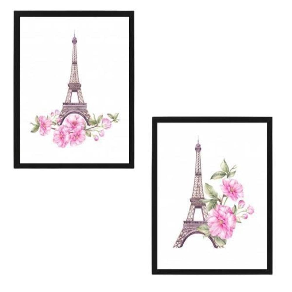 Kit 2 Quadros Torre Eiffel Floral 24X18 Com Vidro - Preta