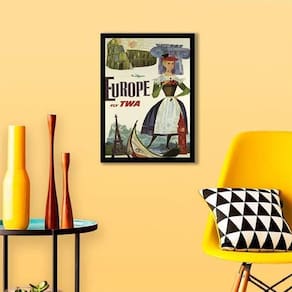 Quadro Cartaz Vintage Cia Aérea Europe 24X18 Com Vidro Preta