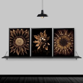 Kit 3 Quadros Flores Girassóis Bronze 45X34 Com Vidro Preta