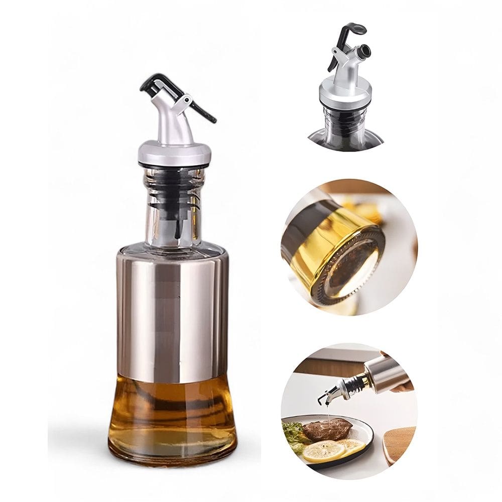 Galheteiro de Vidro e Aço Inoxidável 200ml Porta Azeite Vinagre Óleo com Bico Dosador