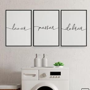Kit 3 Quadros Lavanderia Lavar Passar Dobrar 24X18Cm - Preta
