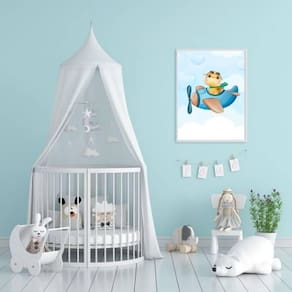 Quadro Dinossaurinho Fofo Avião 24X18Cm - Com Vidro