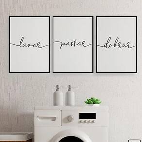 Kit 3 Quadros Lavanderia Lavar Passar Dobrar 24X18Cm - Preta