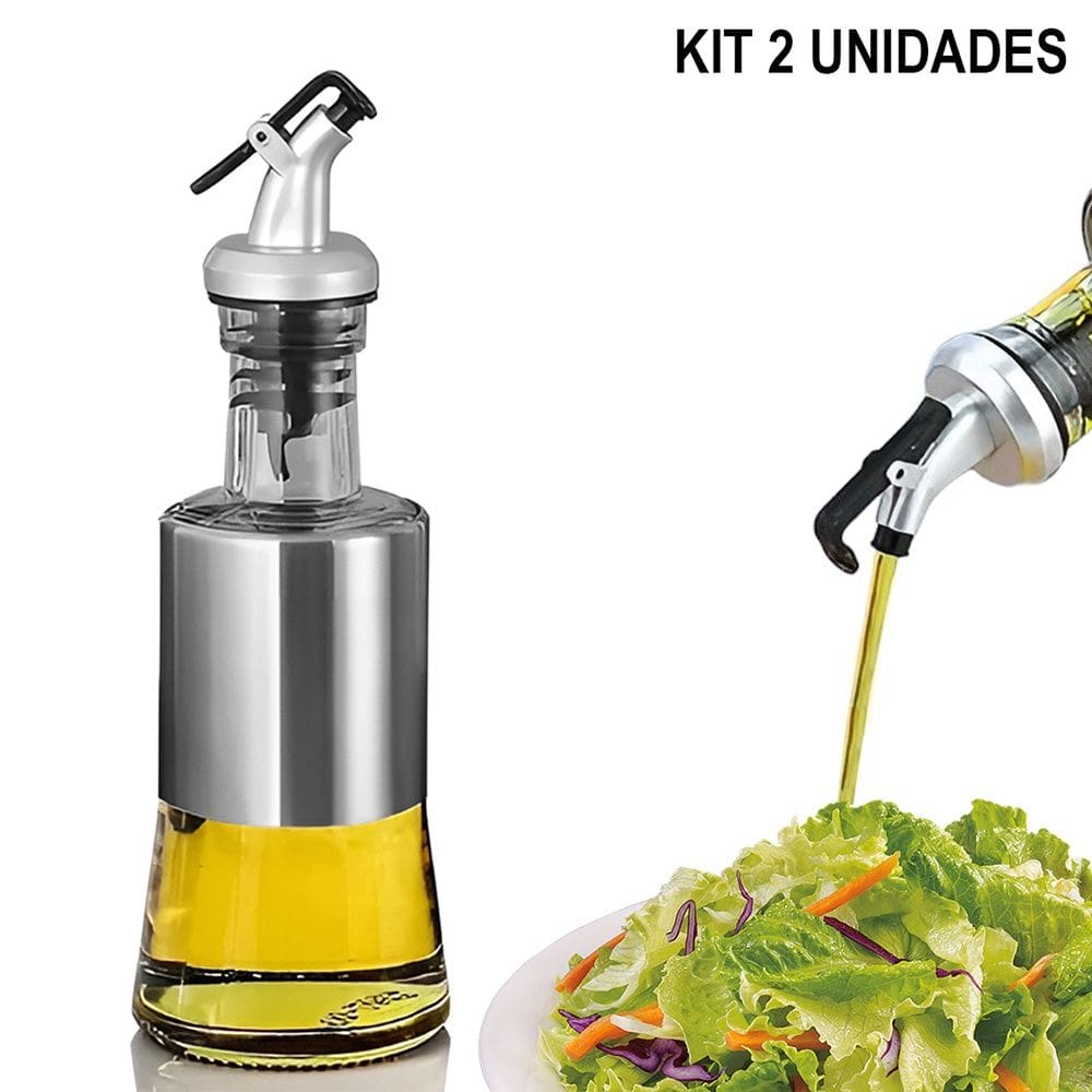 Kit 2x Galheteiro de Vidro e Aço Inoxidável 200ml Porta Azeite Vinagre Óleo com Bico Dosador