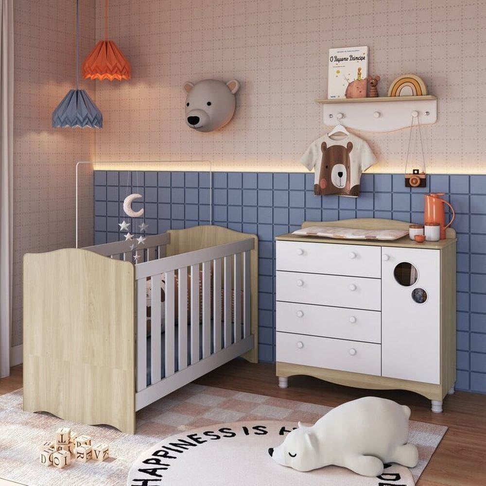 Conjunto Quarto de Bebê 1 Berço 1 Cômoda Trocador 4 Gavetas 1 Prateleira Carvalho Araguaia/Branco