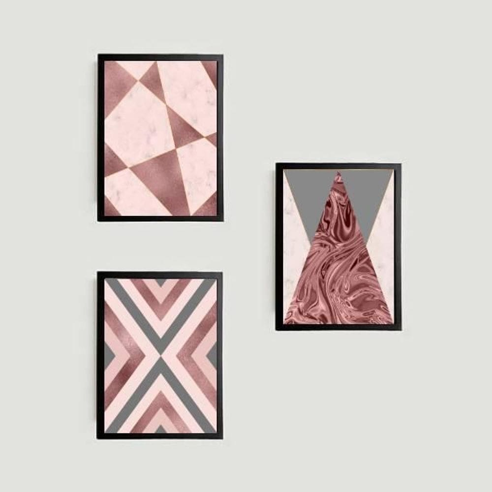 Kit 3 Quadros Geométricos Rosados 45X34Cm Com Vidro Preta