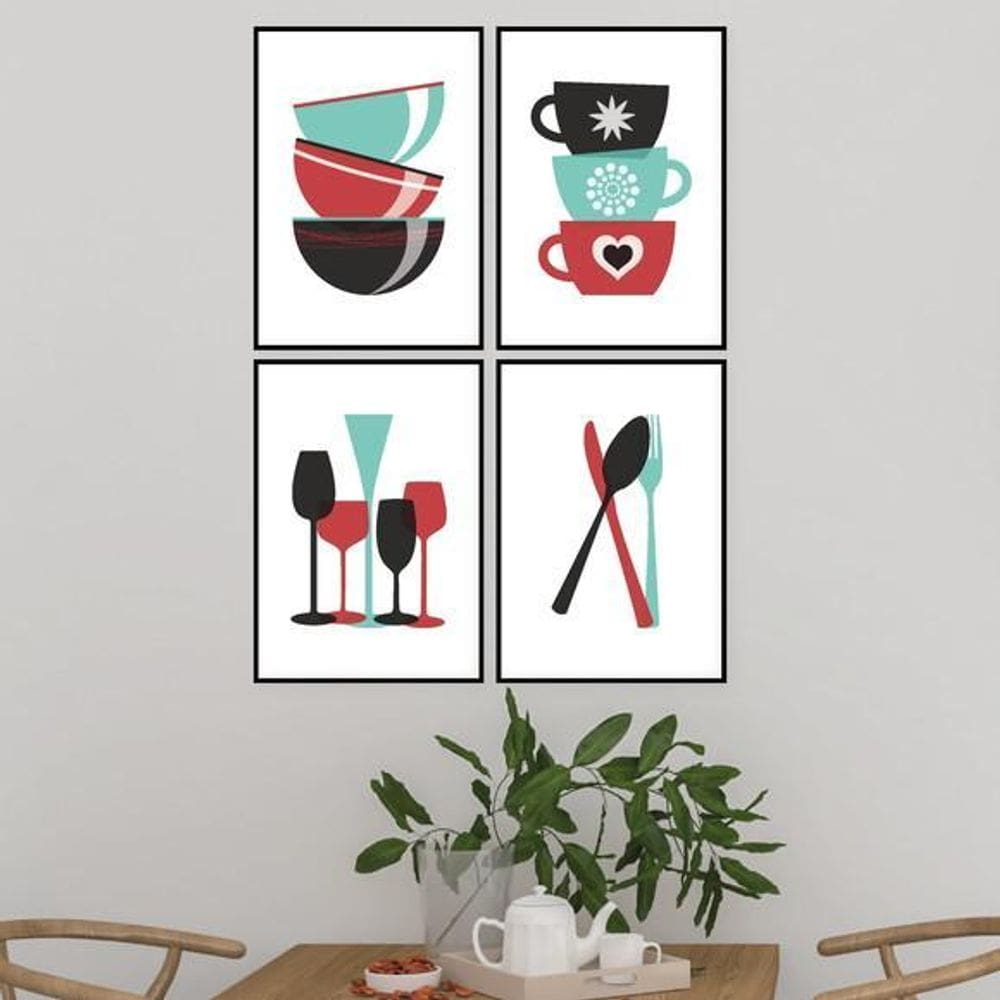 Quadros Cozinha Xícaras E Talheres Moldura Preta 24X18Cm 4Un