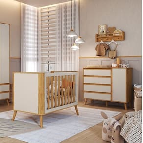 Quarto de Bebê com Cômoda 1 Porta 4 Gavetas e Berço Minicama 100% Mdf Luly Espresso Móveis Off White/Amêndoa