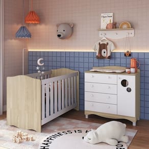 Conjunto Quarto de Bebê 1 Berço 1 Colchão 1 Cômoda 4 Gavetas 1 Prateleira Carvalho Araguaia/Branco