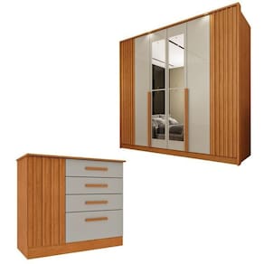Conjunto para Quarto 1 Guarda Roupa 6 Portas com Espelho 1 Cômoda Ripado Nova York Espresso Móveis Cinamomo/Off White