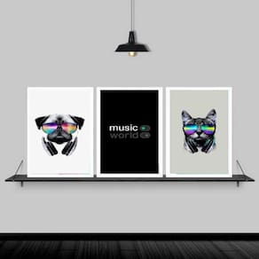 Kit 3 Quadros Cão E Gato Música 45X34Cm Com Vidro - Branca