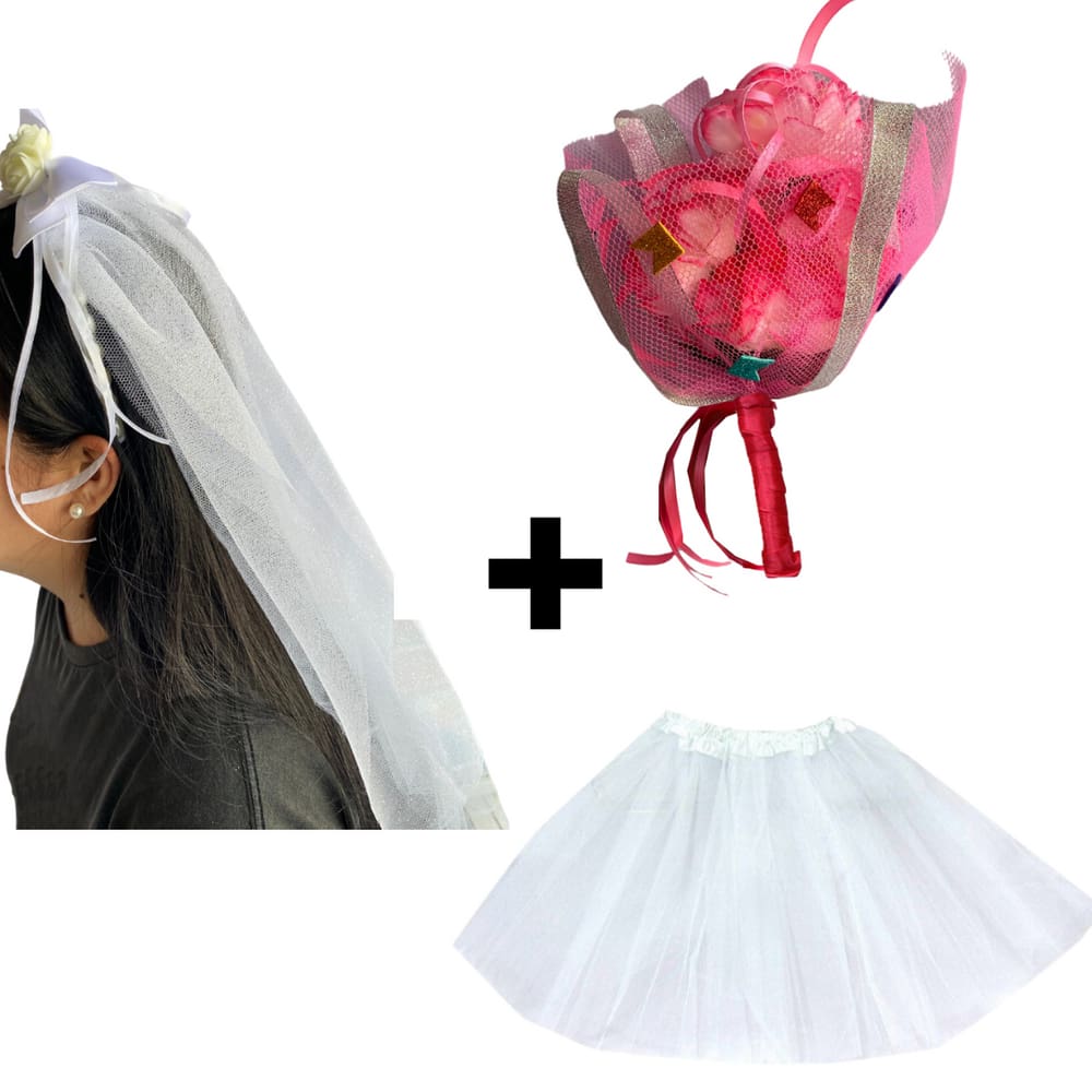 Fantasia Noivinha Caipira Completa Festa Junina Kit Véu Buquê e Saia De Tule Quadrilha São João Arraia Quermesse