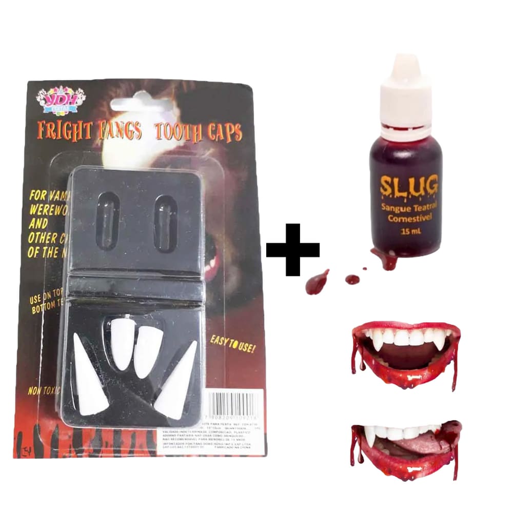 Presas de Vampiro com Sangue Dentes Caninos Falsos Lobisomen Dentadura Postiça para Cosplay Fantasia Halloween