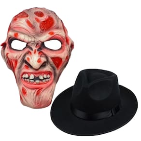 Kit Fantasia Freddy Krueger Máscara De Latex + Chapéu Fantasia Adulto Halloween Cosplay Terror Anime