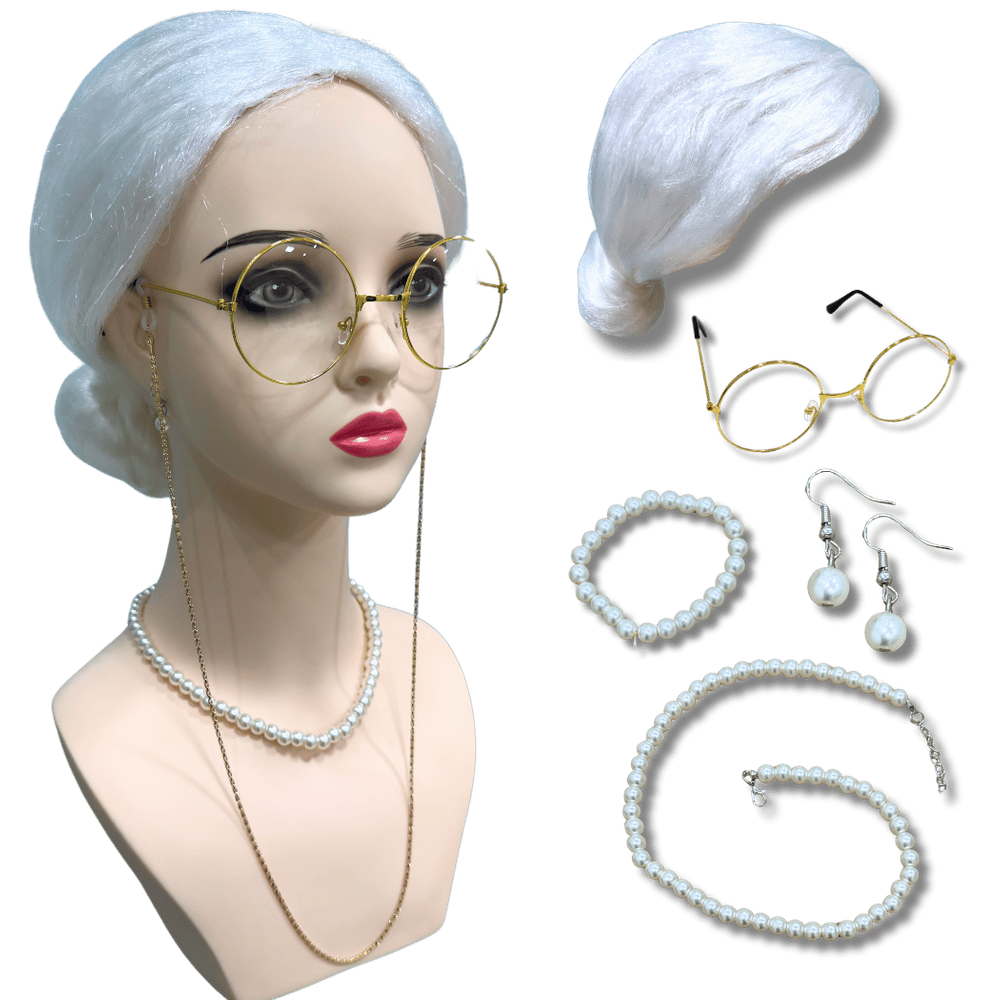 Kit peruca vovozinha idosa coque óculos colar pulseira