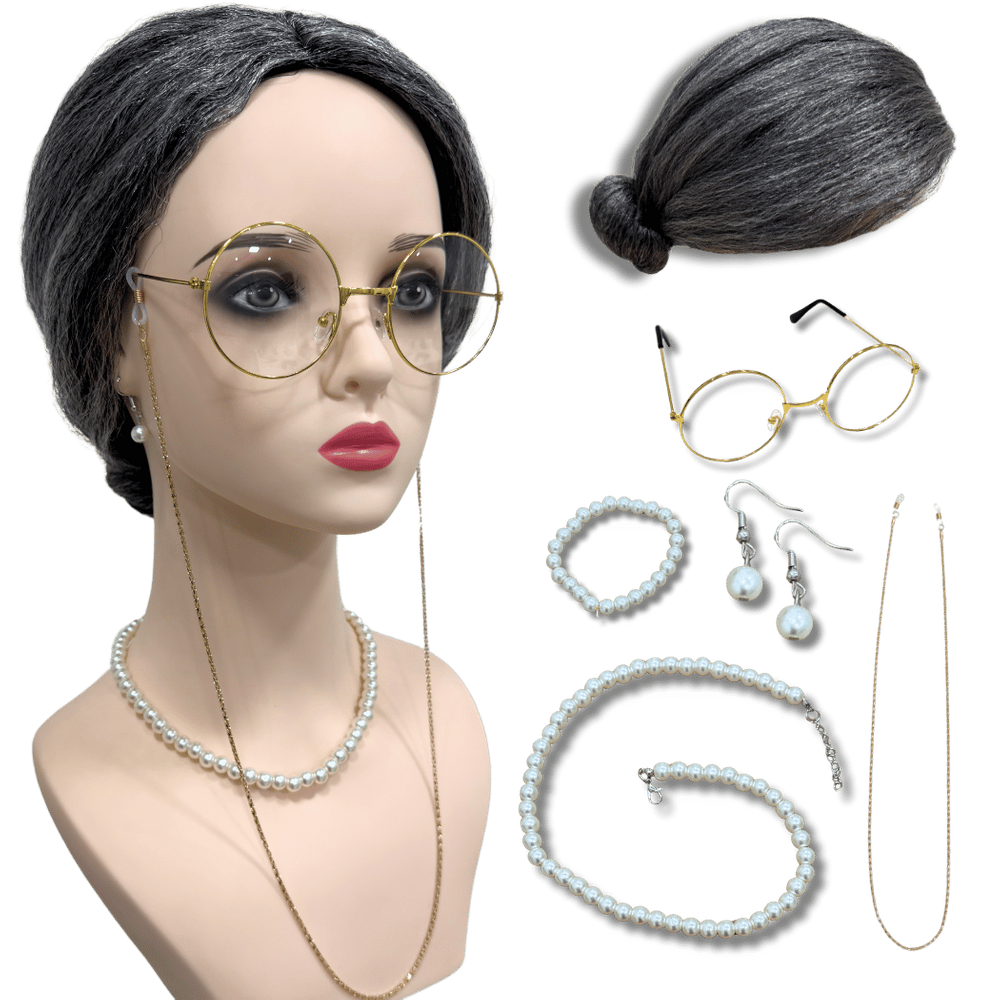 Kit peruca vovozinha idosa coque óculos colar pulseira