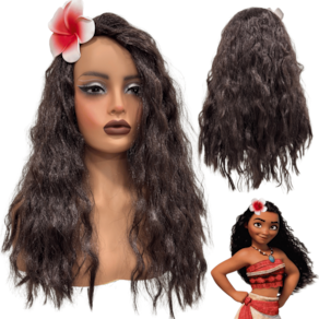 Peruca Moana cacheada volumosa castanho claro flor cosplay