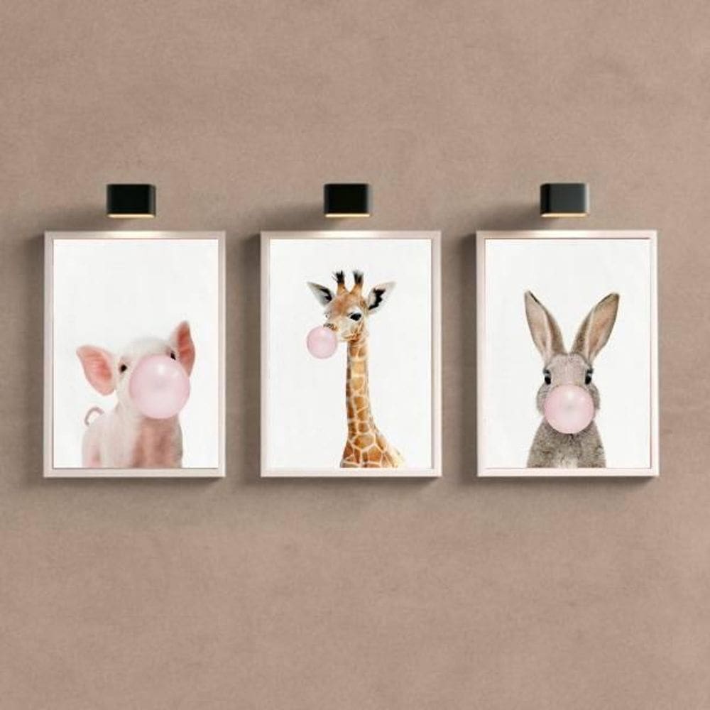 Quadro Decorativo Bichinhos Chicletes Rosa 24X18Cm 3 Peças