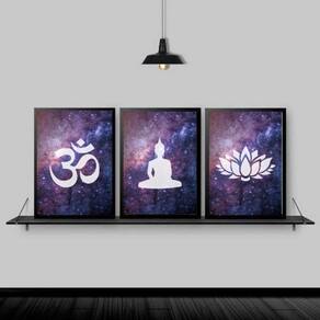 Kit 3 Quadros Decorativos Buda Universo 33X24 Moldura Preta