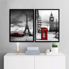 Kit 2 Quadros Paris E Londres - Vermelhos 33X24Cm - Vidro