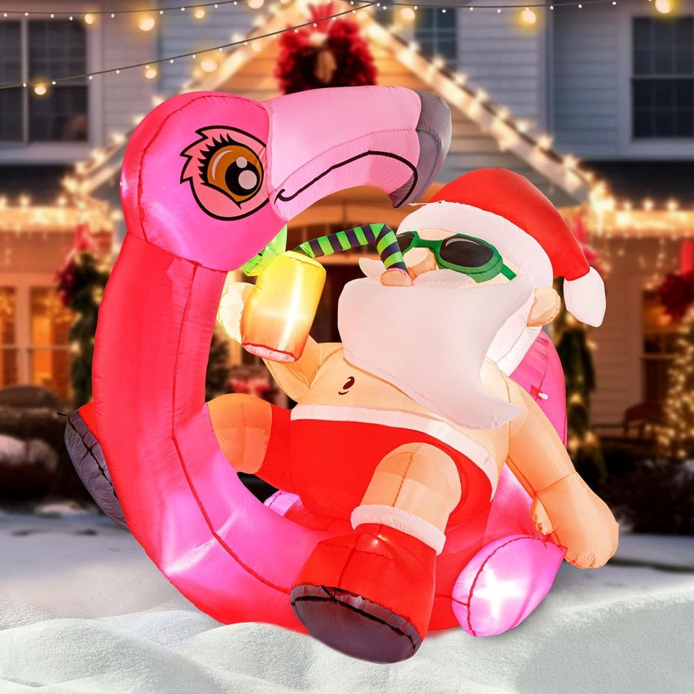 Papai Noel inflável com Flamingo 2,1 m com LEDs de Natal ao ar livre