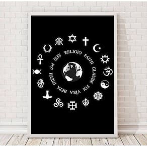 Quadro Símbolos Religiões 45x34cm - Vidro e Moldura Branca