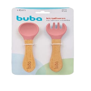 Kit Talheres Silicone E Bambu Rosa - Buba