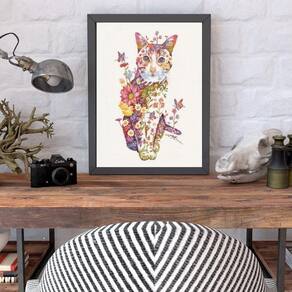 Quadro Decorativo Gatinho Floral 24X18Cm - Preta
