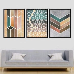 Kit 3 Quadros Geométrico Cubos Coloridos 45X34 Moldura Preta