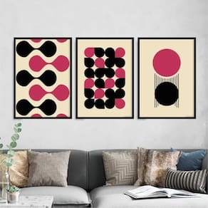 Kit 3 Quadros Bauhaus Abstrato Magenta E Preto 33X24Cm Preta