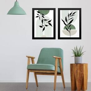 Kit 2 Quadros Modernos Boho Verde Folha 33X24Cm - Com Vidro