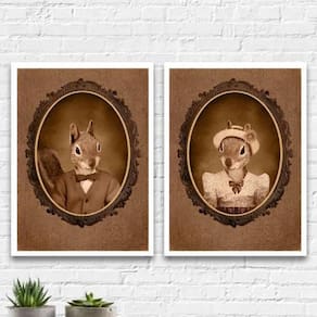 Kit 2 Quadros Casal De Esquilos Vintage 33X24Cm - Com Vidro