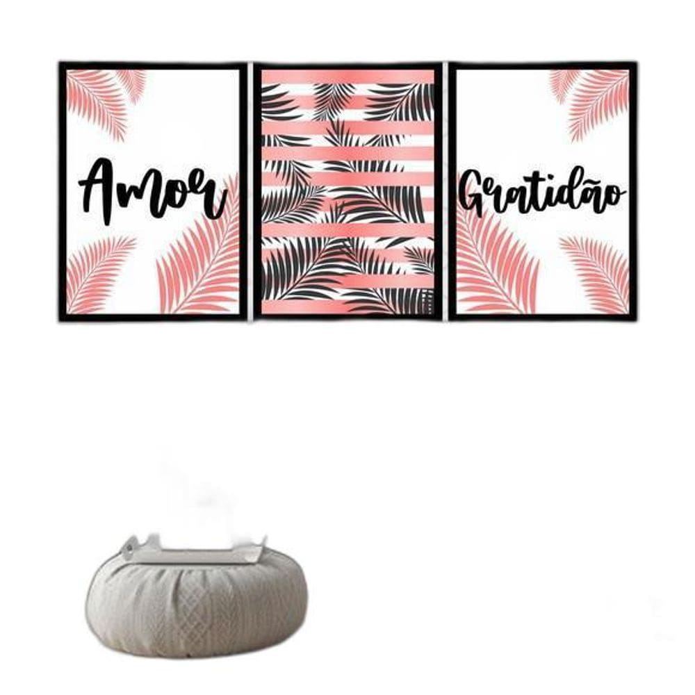 Kit 3 Quadros Amor E Gratidão 45X34 Com Vidro Moldura Preta