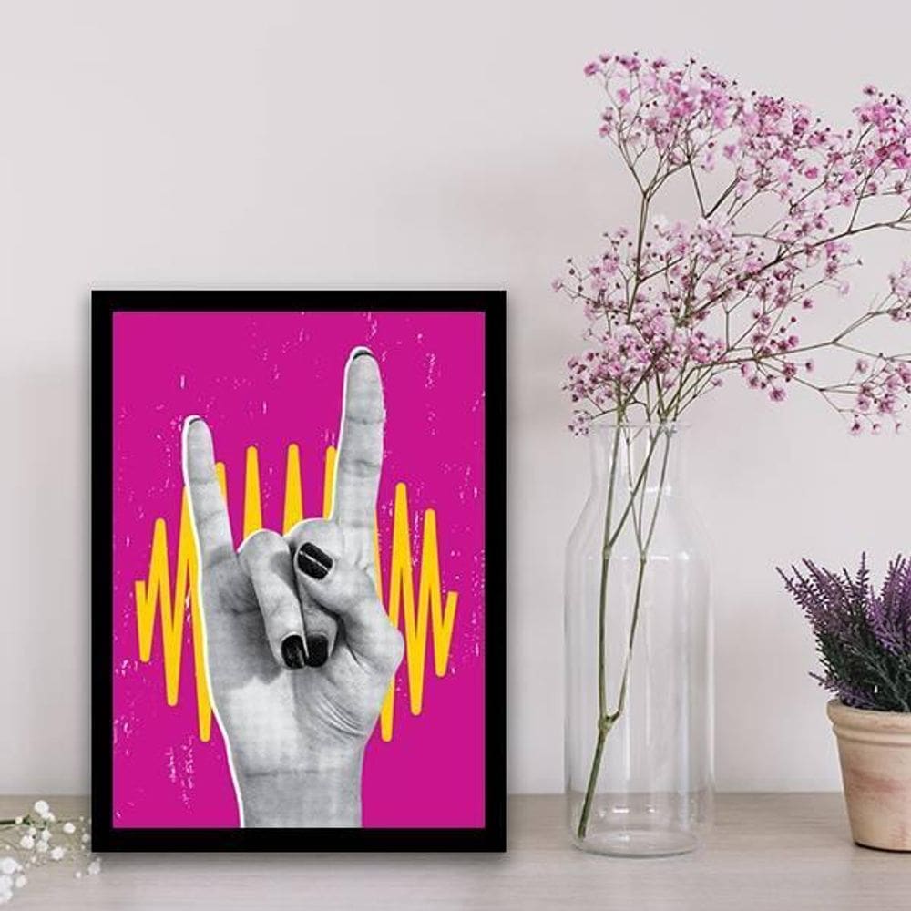 Quadro Mão Rock 33X24Cm - Com Vidro - Madeira Preta