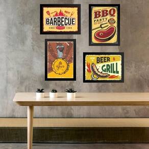 Kit 4 Quadros Placas Vintage Churrasco 33X24Cm - Com Vidro