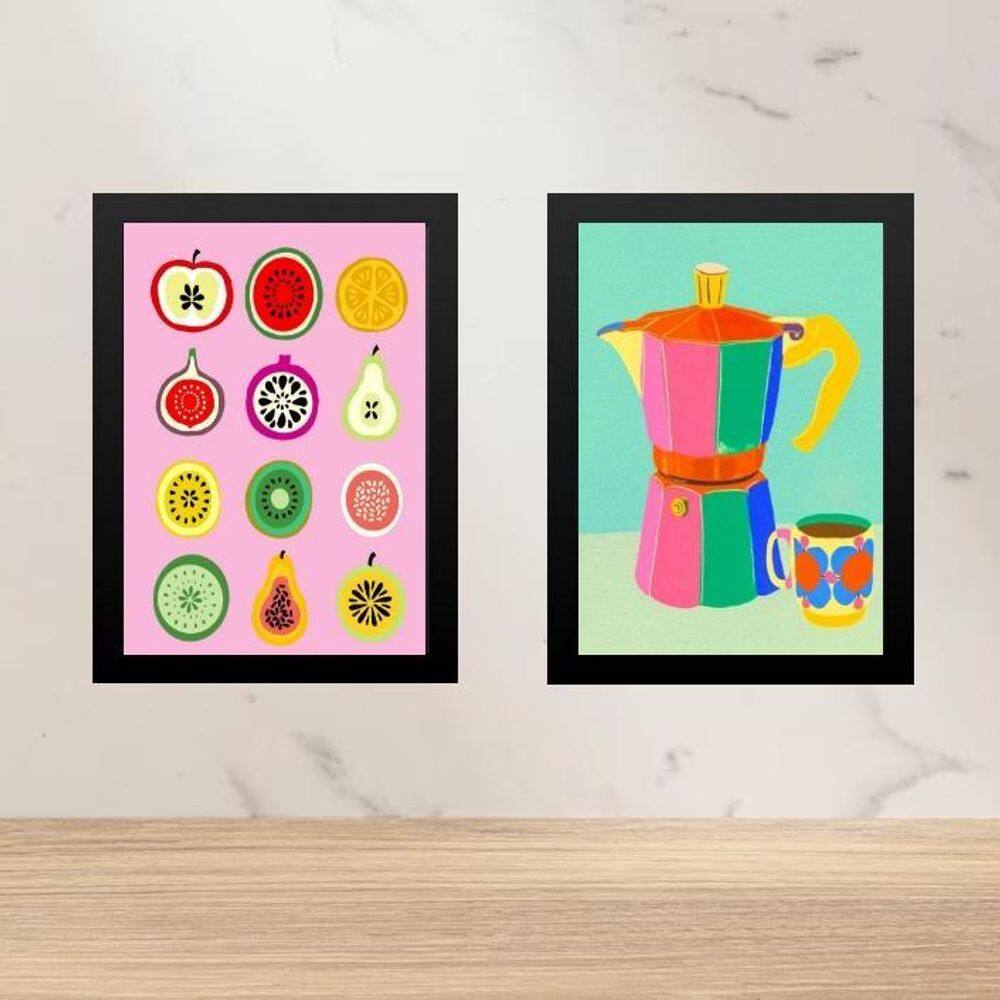 Kit 2 Quadros Coloridos Cozinha Café E Frutas 33X24Cm Vidro