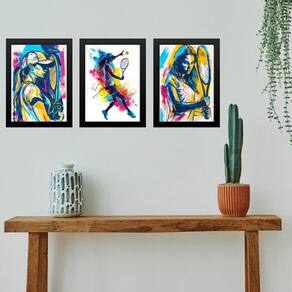 Kit 3 Quadros Gravuras Tenistas - Mulher 45X34Cm