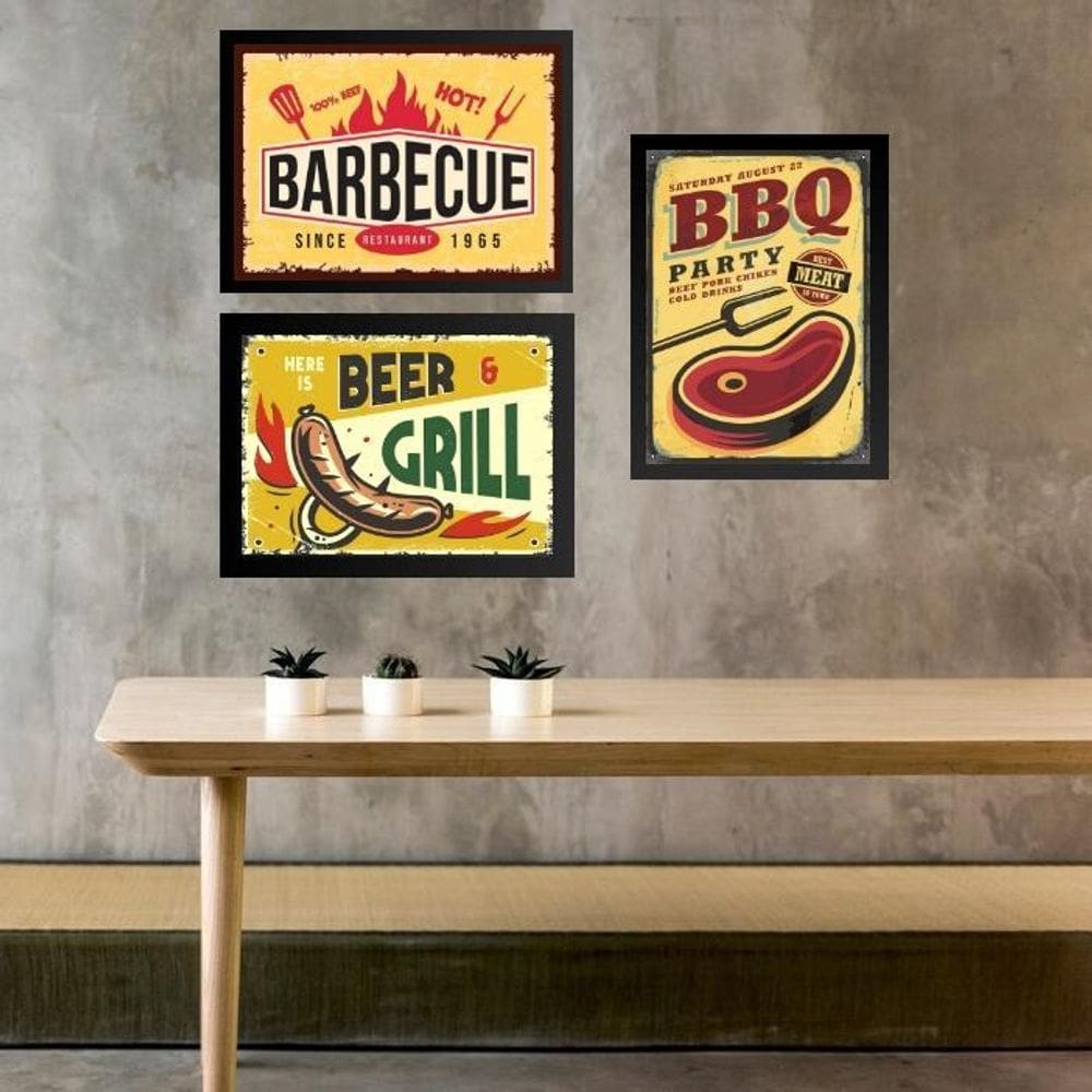 Kit 3 Quadros Placas Vintage Churrasco 33X24Cm